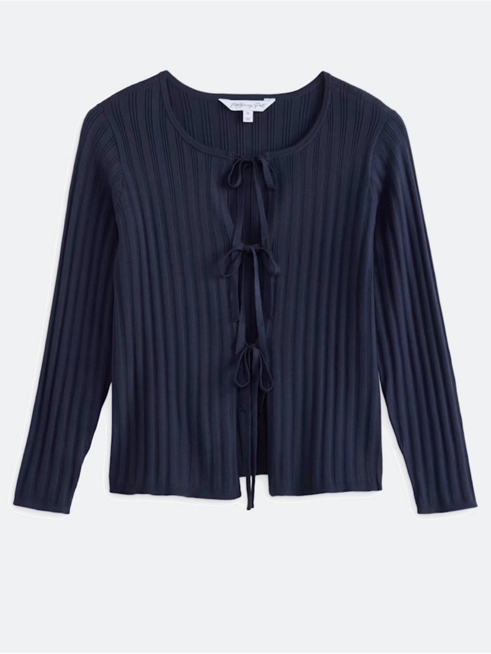 Ribbed Tie-Front Cardigan Sweater in Navy